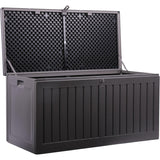 Olsen & Smith Garten-Aufbewahrungsbox für denAußenbereich, 270 l, mitgroßem Fassungsvermögen, mitVorhängeschloss, Kunststoffschuppen–wetterfest und zum Aufstellen,mit Truhe in Holzoptik(270 l, schwarz)