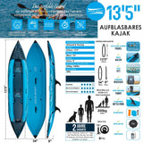 Aqua Spirit Aufblasbares Kajak 2025, 10'5”/13’5”/, 1 oder 2 Personen komplettes Kajak-Set mit Paddel, Rucksack, Doppelhubpumpe und mehr Zubehör, Erwachsene Anfänger, Experten, 3 Jahre Garantie