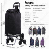 Hoppa Leichter Treppensteiger-Einkaufstrolley, 6 Räder, Modell 2025, zusammenklappbar, groß, 47 l Kapazität, zusammenklappbar, Einkaufswagentasche, 95 cm, 2 kg, Push/Pull mit 1 Jahr Garantie (schwarz)