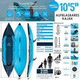 Aqua Spirit Aufblasbares Kajak 2025, 10'5”/13’5”/, 1 oder 2 Personen komplettes Kajak-Set mit Paddel, Rucksack, Doppelhubpumpe und mehr Zubehör, Erwachsene Anfänger, Experten, 3 Jahre Garantie