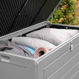 Olsen & Smith 680L/830L MASSIVE Kapazität im Freien Garten Storage Box Kunststoff Schuppen - wetterfest & Sit On mit Holz-Effekt-Truhe